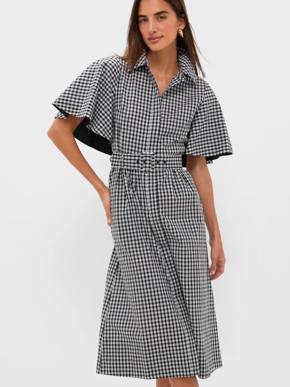 Tuckernuck Black and White Gingham Midi Dress with Cape Sleeves- XXS